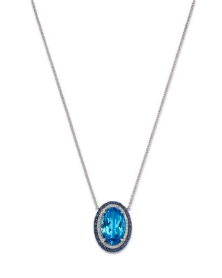 Swiss Blue Topaz, Blue Sapphire & Diamond Halo Pendant Necklace in 14K White Gold, 18"