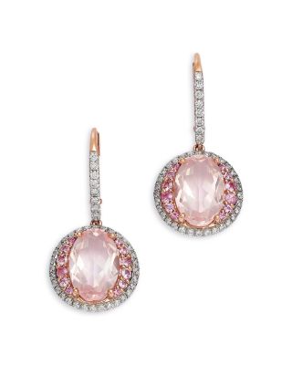 Rose Quartz, Pink Sapphire &amp; Diamond Halo Drop Earrings in 14K Rose Gold