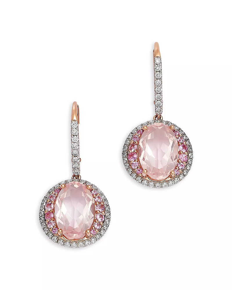 Bloomingdale's Fine Collection Rose Quartz, Pink Sapphire & Diamond Halo Drop Earrings in 14K Rose Gold
