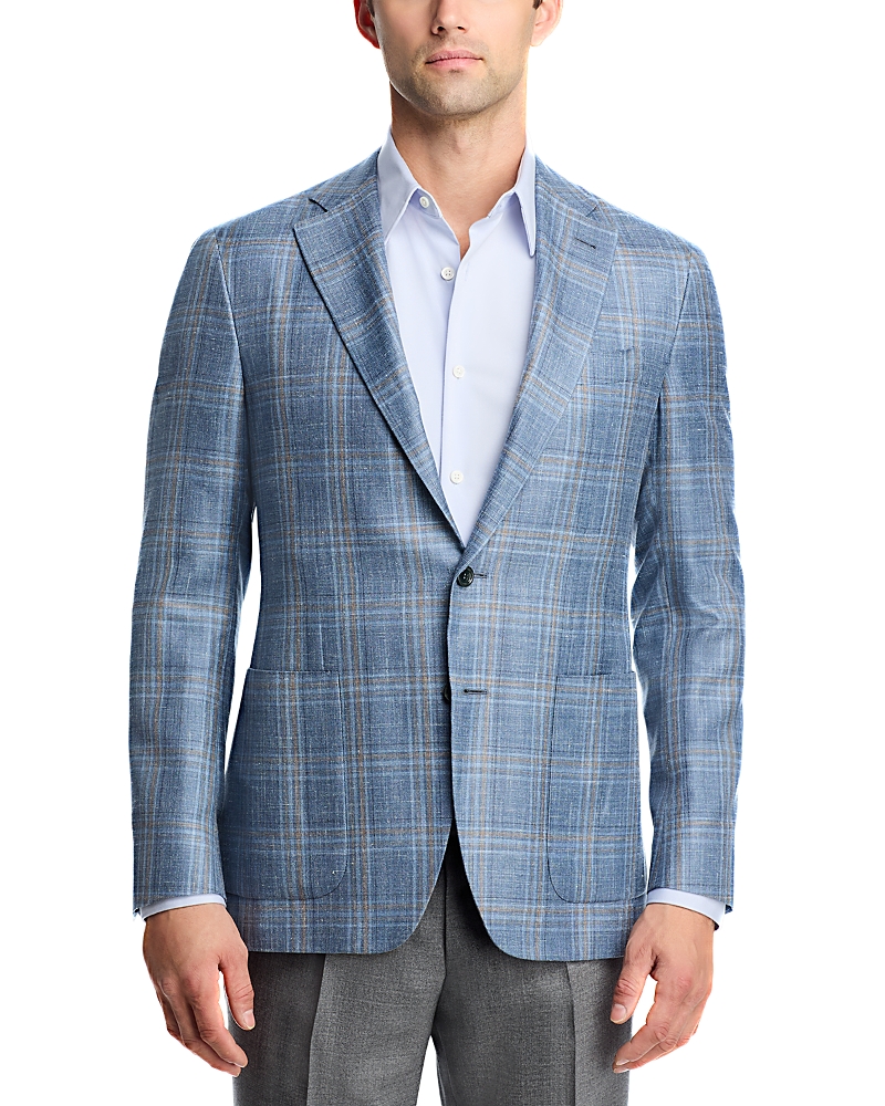 Canali Kei Wool, Silk & Linen Plaid Unstructured Trim Fit Sport Coat In Blue