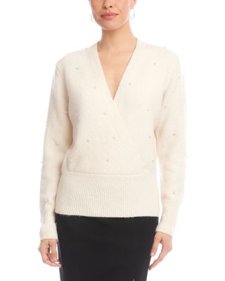Karen Kane Embellished Faux Wrap V Neck Sweater