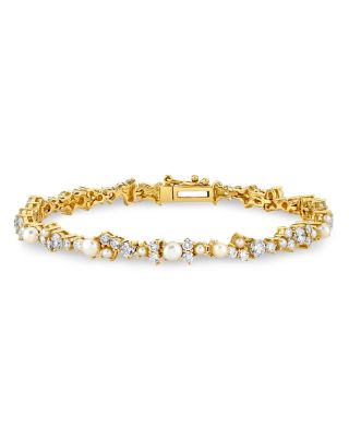 14K Yellow Gold Diamond & Freshwater Pearl Cocktail Tennis Bracelet