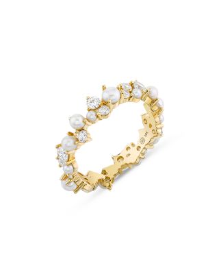 14K Yellow Gold Diamond & Freshwater Pearl Cocktail Eternity Ring