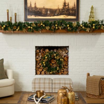 Pre-Lit Artificial Golden Frosted 9' Christmas Garland with Warm White LED Lights Pinecones, Berries and Ornaments