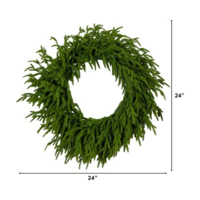 Pre-Lit Artificial Real Touch Norfolk Island Pine Wreath with Warm White LED Lights and Natural Look
