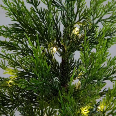 Pre-Lit Artificial Lightly Snowed Cypress 32" Christmas Tree with Warm White LED Lights in Decorative Basket