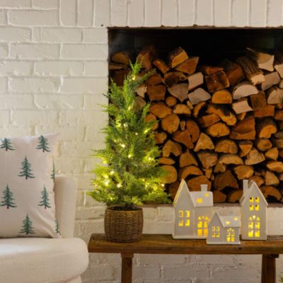 Pre-Lit Artificial Lightly Snowed Cypress 32" Christmas Tree with Warm White LED Lights in Decorative Basket