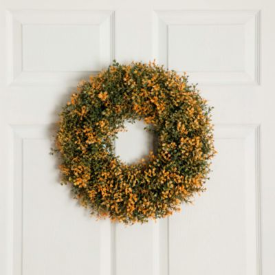 Pre-Lit Autumn Boxwood Artificial Fall 18&#39; Wreath with Warm White LED Lights