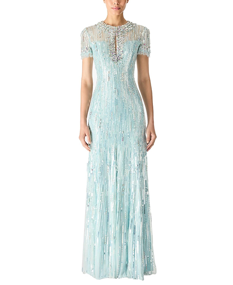 Jenny Packham Nova Sequin-embellished Keyhole-neck Maxi Dress In Blue