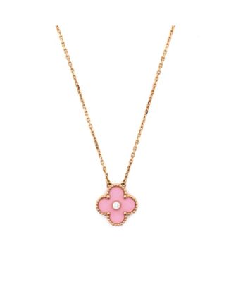  Vintage Alhambra Pendant Necklace 18K Rose Gold and Pink Sevres Porcelain with Diamond, 14.5 - 16.25"