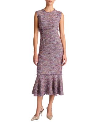 Andi Sleeveless Tweed Midi Sheath Dress with Flared Skirt Panel