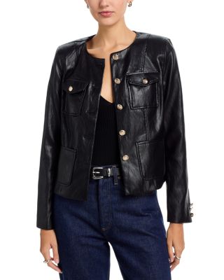 Collarless Faux Leather Jacket  