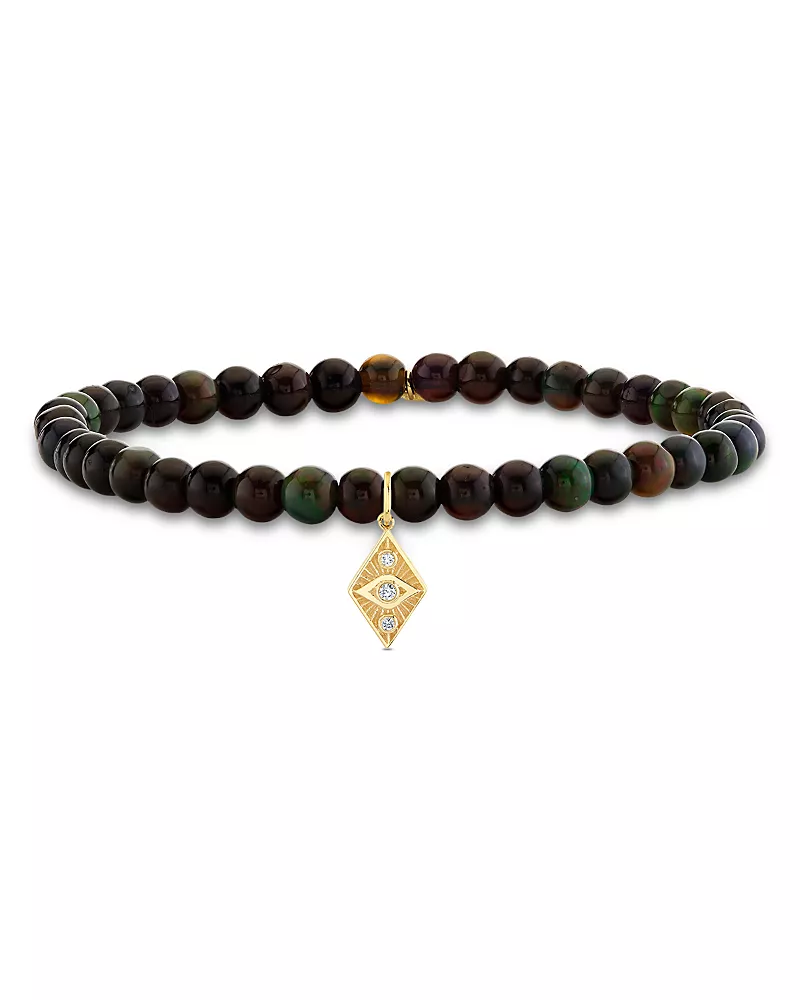 Sydney Evan 14K Yellow Gold Diamond & Black Opal Ace of Diamonds Charm Beaded Bracelet