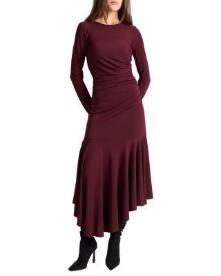 Abigail Long Sleeve Hi Lo Dress with Side Ruching in Fluid Jersey