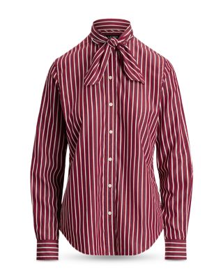 Striped Cotton Broadcloth Tie Neck Shirt