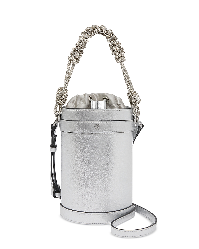 Pinko Mini Metallic Leather Bucket Bag In Silver
