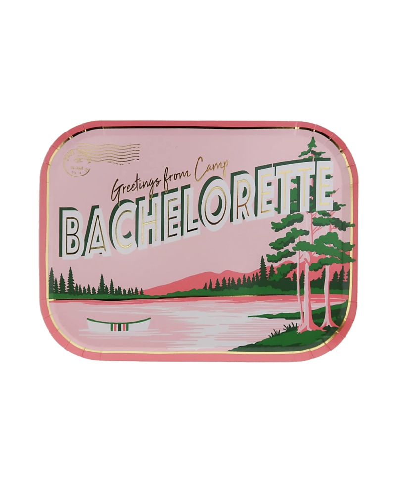 Jollity & Co. Camp Bachelorette Postcard Paper Dinner Plates, Set of 8