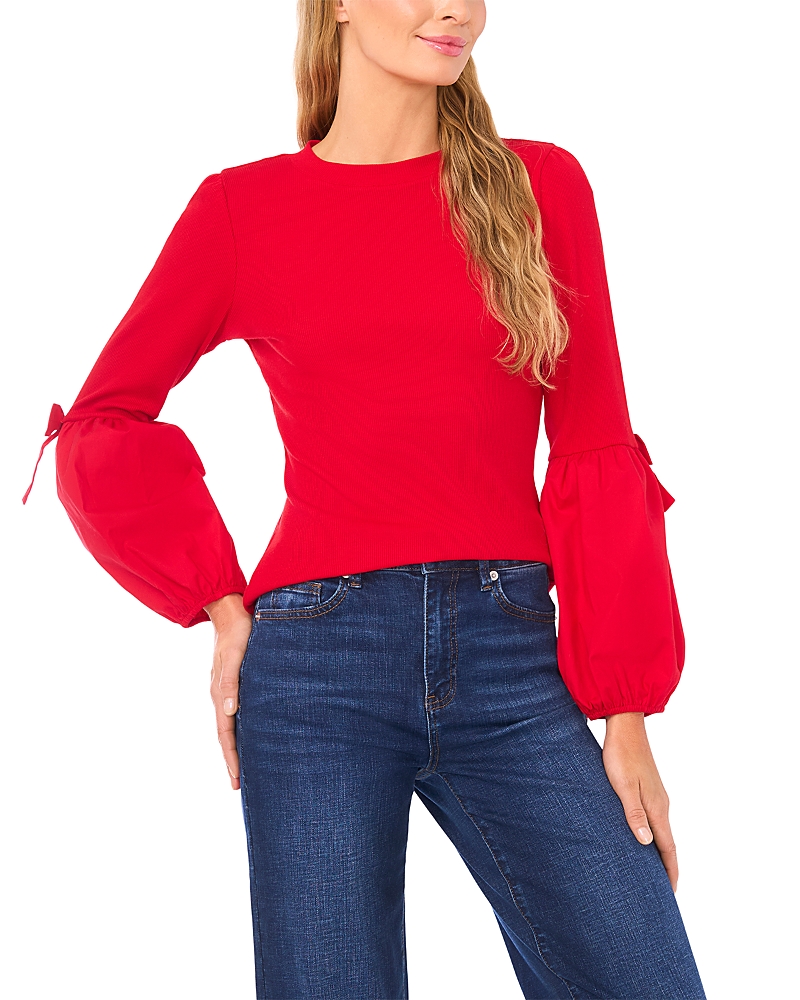 Cece Mixed Media Balloon Sleeve Sweater In Red