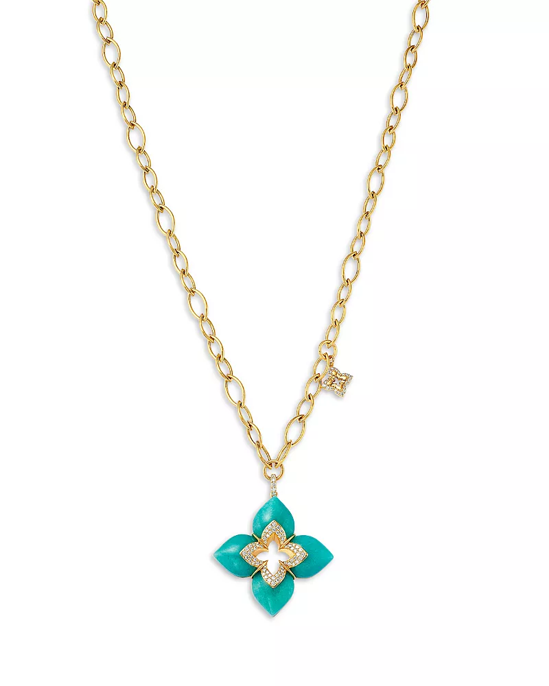 Roberto Coin 18K Yellow Gold Amazonite & Diamond Flower Pendant Necklace, 33