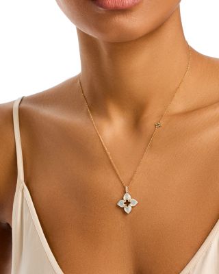 18K Yellow Gold Venetian Princess Cabochon Mother of Pearl & Diamond Flower Pendant Necklace, 16-18"