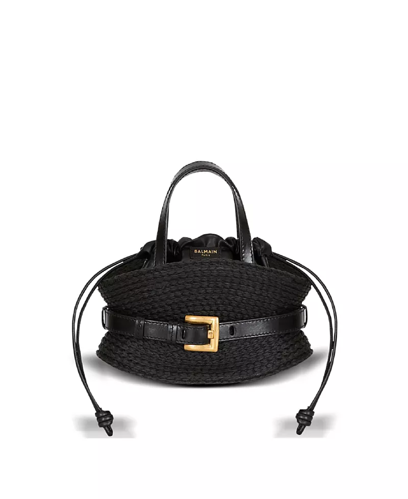 Balmain Shuffle Mini Bag in Calfskin and Raffia