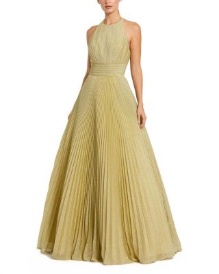 Shimmering Pleated Georgette High Neck Gown