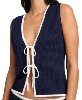  Linen Knit Tie Front Tank Top