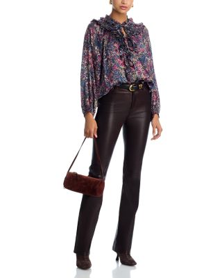 Long Sleeved Floral Satin Burnout Ruffled Blouse - Exclusive