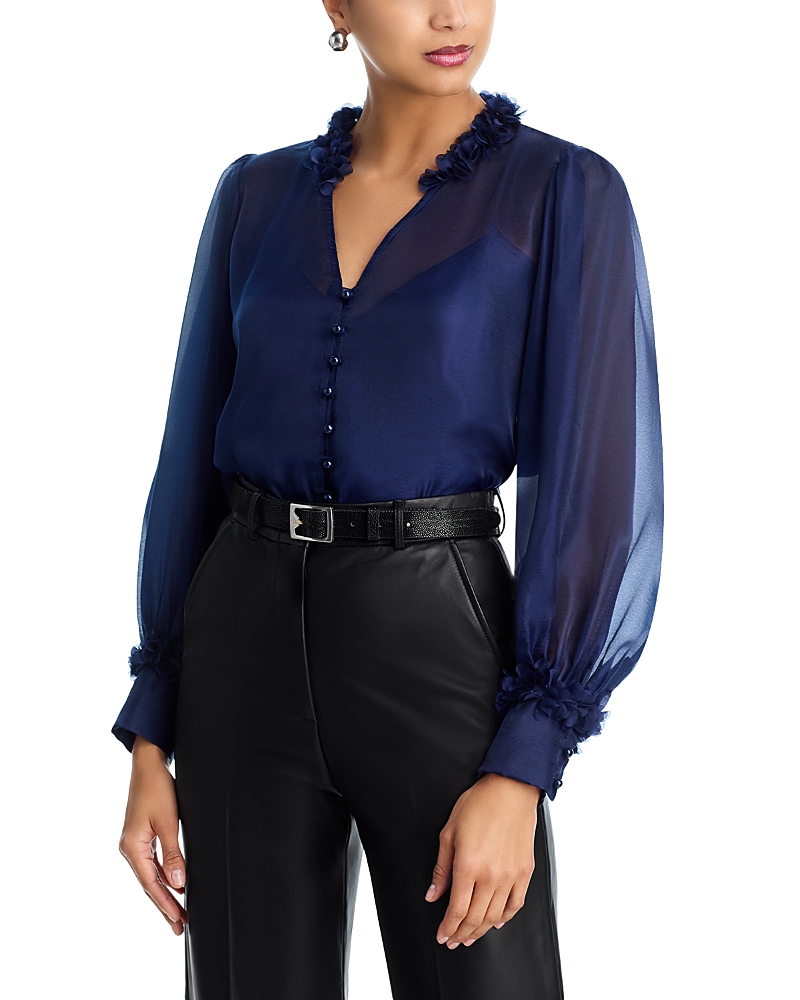 Aqua Flower Trim Blouse - Exclusive In Blue