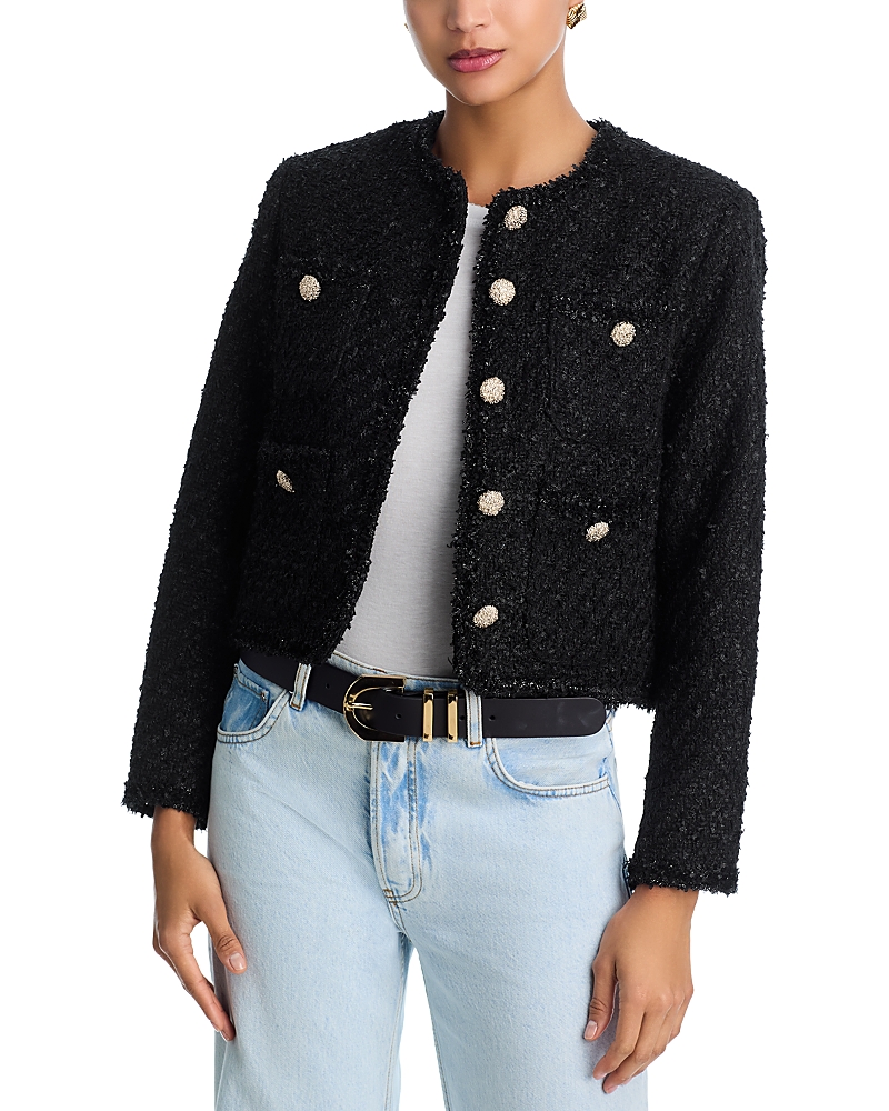 Aqua Tweed Collarless Jacket - Exclusive In Black