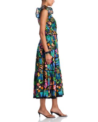 Tropical Ruffled Sleeve V Neck Midi Dress - Exclusive
