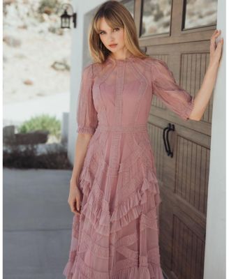 High Neck Puff Sleeve Ruffle Tiered Dress