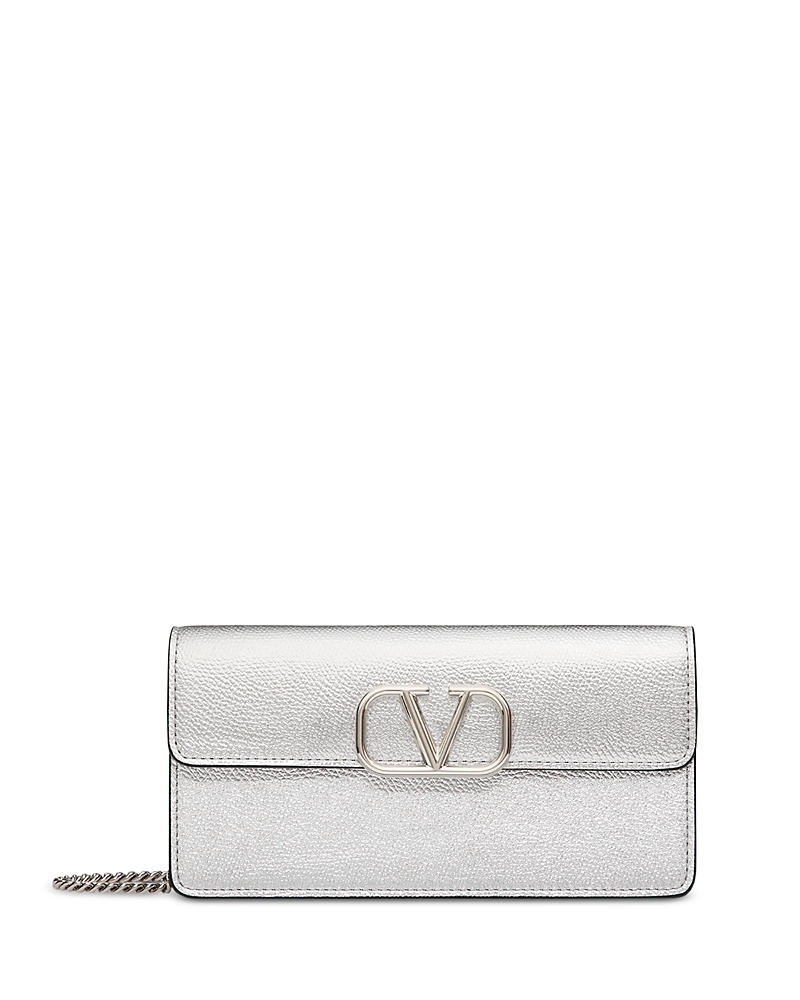 Valentino Garavani Valentino Vlogo Signature Metallic Wallet With Chain In Silver