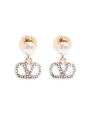 Imitation Pearl &amp; Pav&amp;eacute; VLogo Signature Drop Earrings 