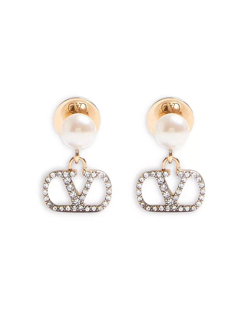 Valentino Imitation Pearl & Pave VLogo Signature Drop Earrings