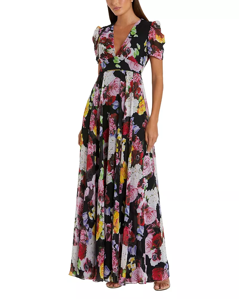 Mac Duggal Floral Print Mesh Cap Sleeve Gown
