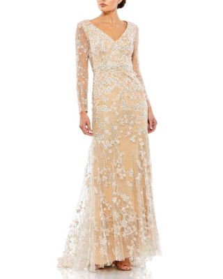 Embroidered V Neck Long Sleeve Trumpet Gown