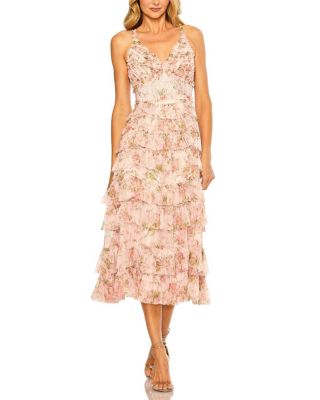 Sleeveless V Neck Floral Mesh Ruffle Midi Dress