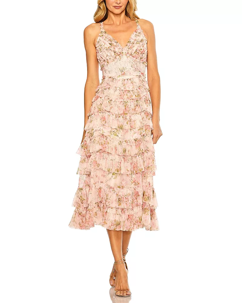 Mac Duggal Sleeveless V Neck Floral Mesh Ruffle Midi Dress
