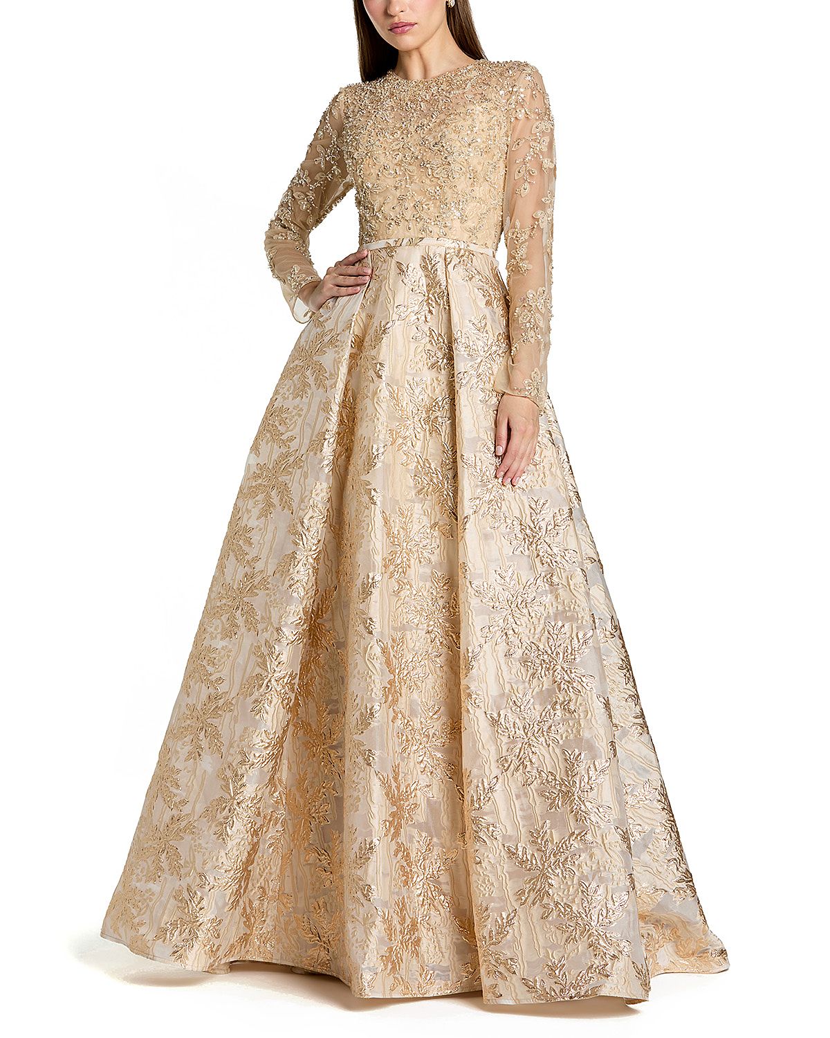 Mac Duggal Long Sleeve Beaded Mesh Brocade Skirt Ballgown