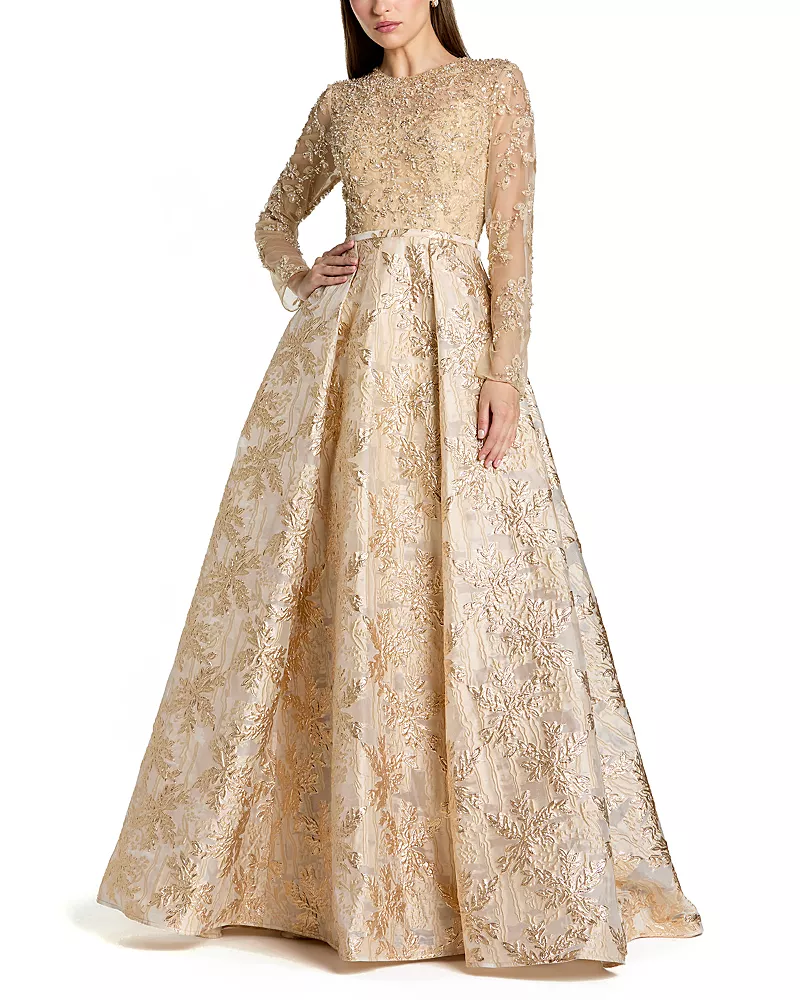 Mac Duggal Long Sleeve Beaded Mesh Brocade Skirt Ballgown