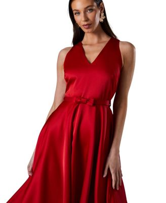 Bow Trim V-Neck Volume Skirt Midi Dress
