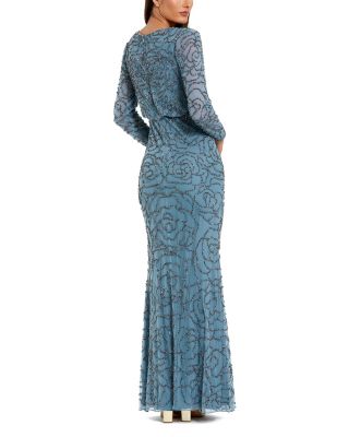 Beaded Mesh Long Sleeve Blouson Top Gown