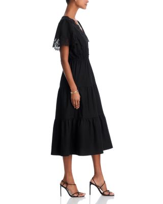 Short Sleeved Lace V Neck Midi Dress - Exclusive