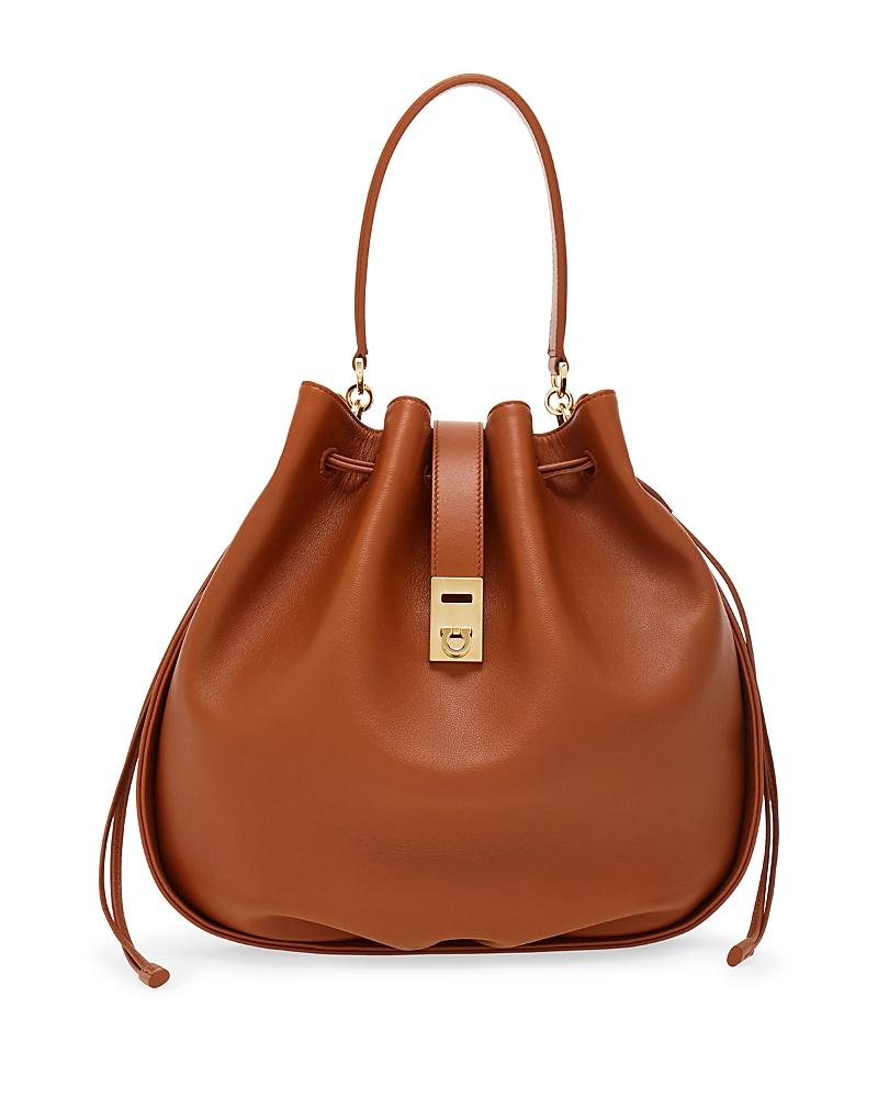 Ferragamo Hug Buckle Leather Bucket Bag In Brown