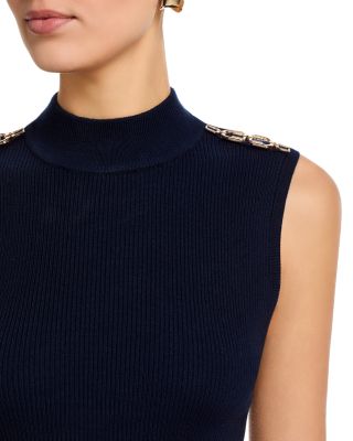 Sleeveless Rib Chain Trim Mock Neck Pullover Sweater