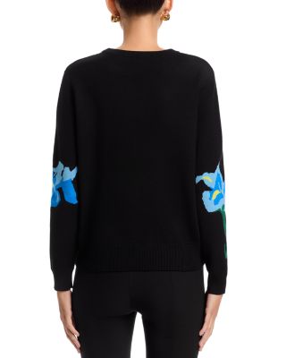 Long Sleeved Flower Jacquard Crewneck Pullover Sweater