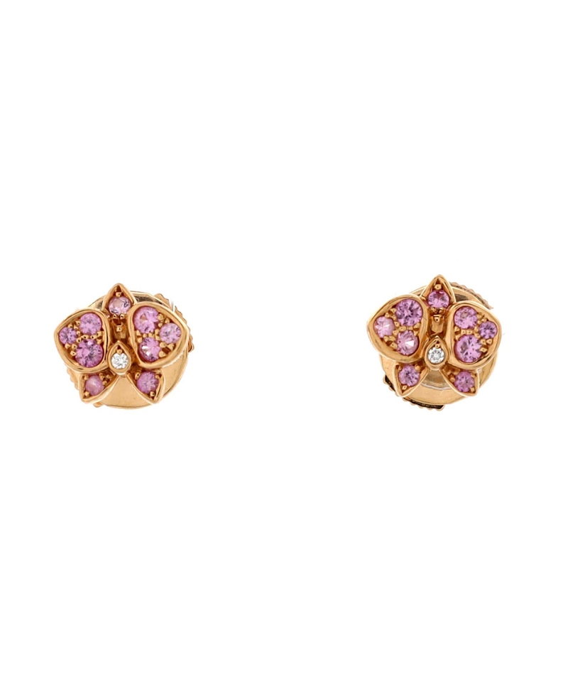 PRE-OWNED CARTIER Pre-owned Cartier Small Caresse D'orchidees Stud Earrings 18k Rose Gold With Pink Sapphires And Diam
