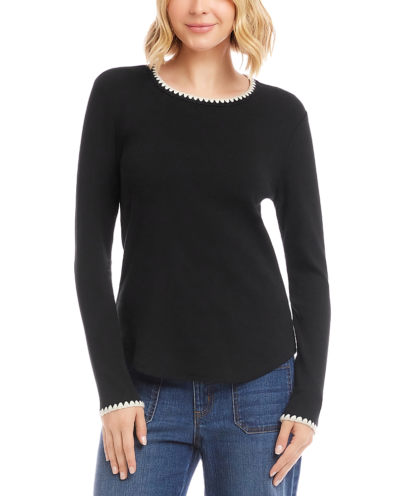 Karen Kane Long Sleeve Edge Stitch Crewneck Top In Black