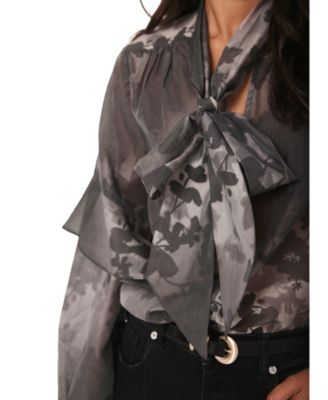Women's Floral Tie-Neck Sheer Blouse with Ruffle Sleeves